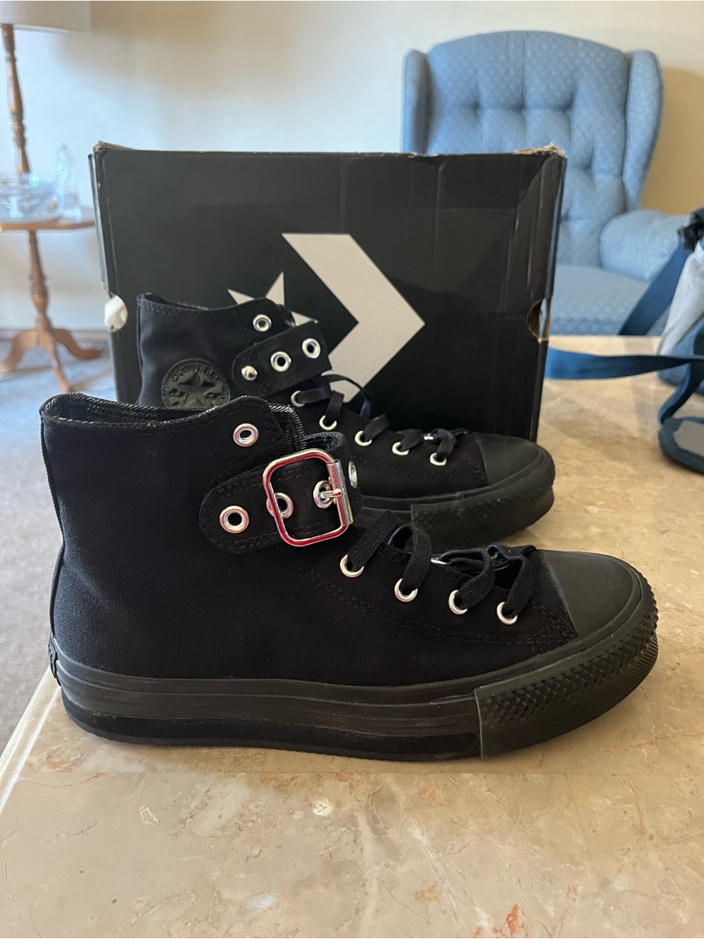 Converse Kids Black High-Top Canvas Sneakers with Red Buckle Accent